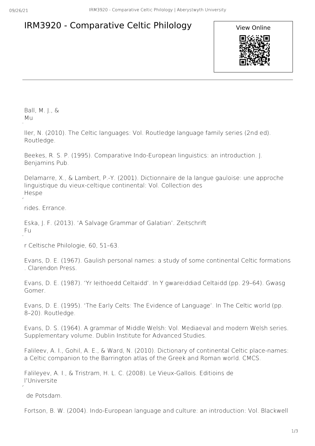 IRM3920 - Comparative Celtic Philology | Aberystwyth University