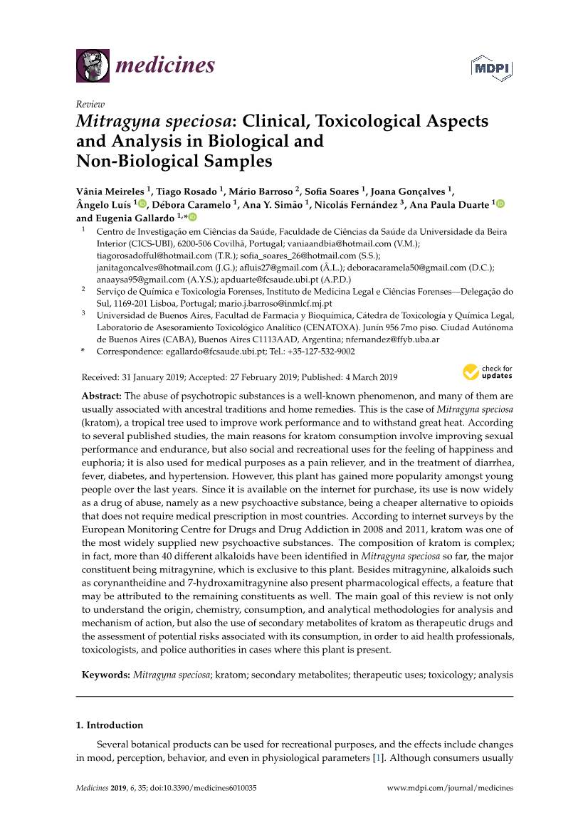 Mitragyna Speciosa: Clinical, Toxicological Aspects and Analysis in Biological and Non-Biological Samples