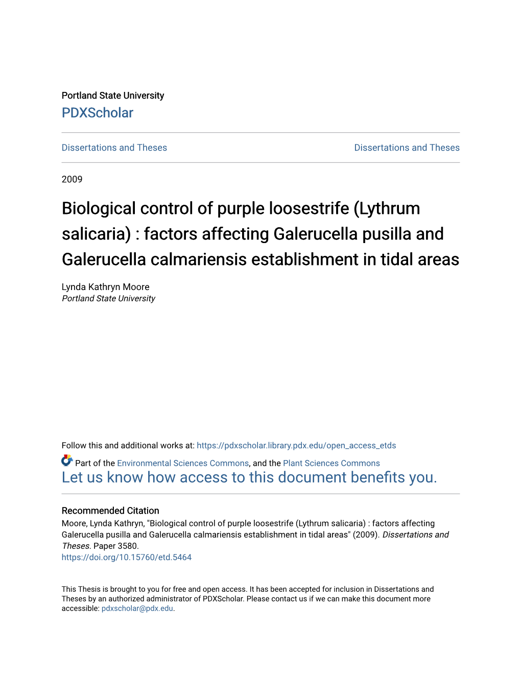Biological Control of Purple Loosestrife (Lythrum Salicaria) : Factors Affecting Galerucella Pusilla and Galerucella Calmariensis Establishment in Tidal Areas