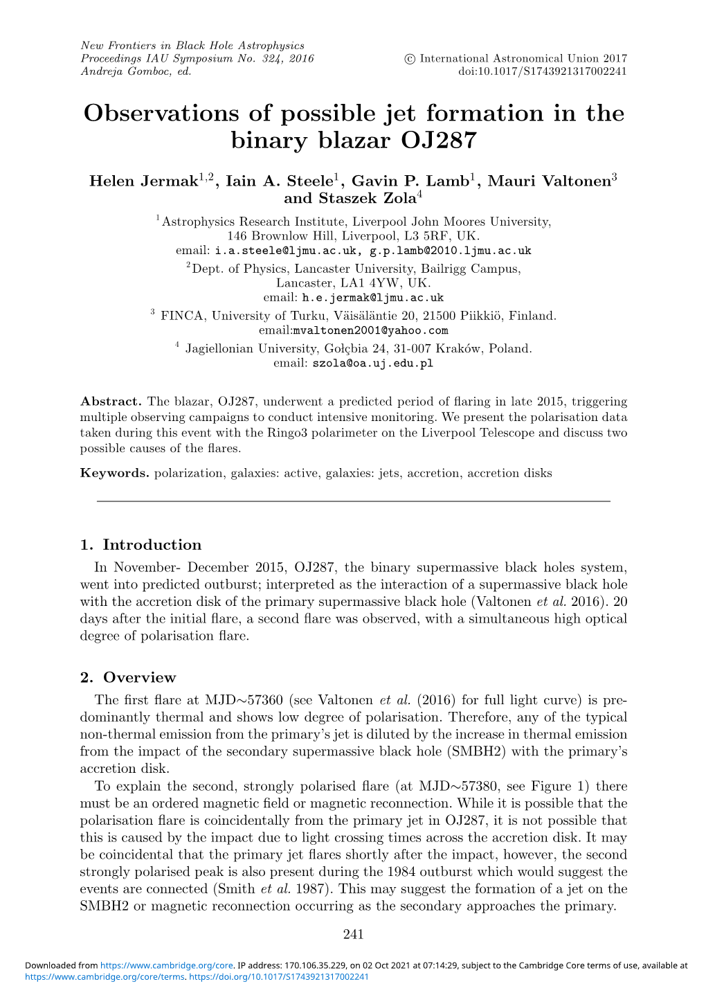 Observations of Possible Jet Formation in the Binary Blazar OJ287