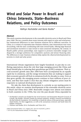 Wind and Solar Power in Brazil and China: Interests, State–Business Relations, and Policy Outcomes • Kathryn Hochstetler and Genia Kostka*