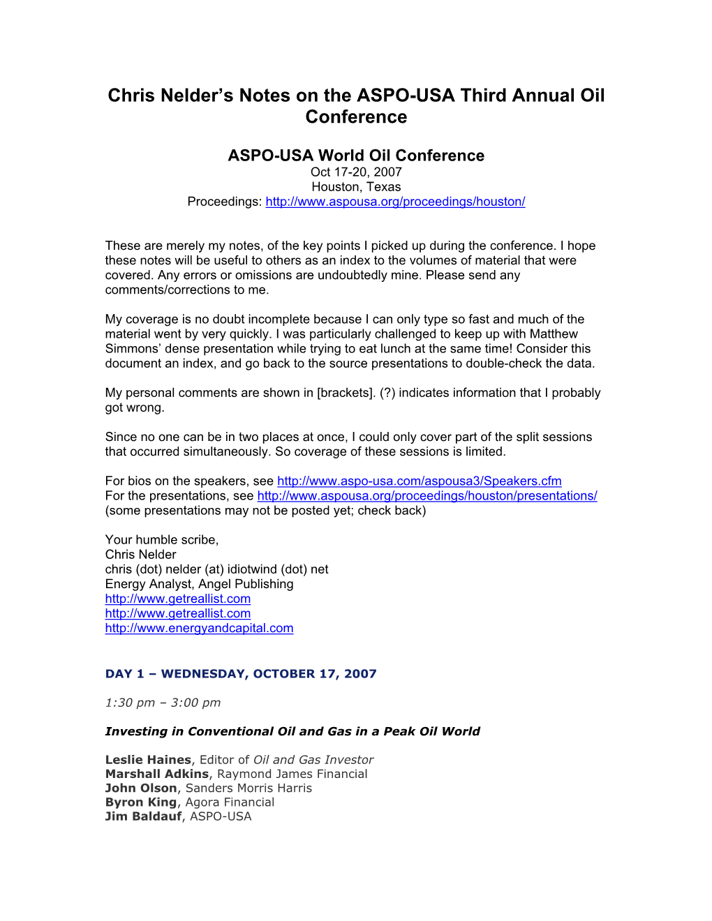 Chris Nelder's Notes on the ASPO-USA Third Annual Oil