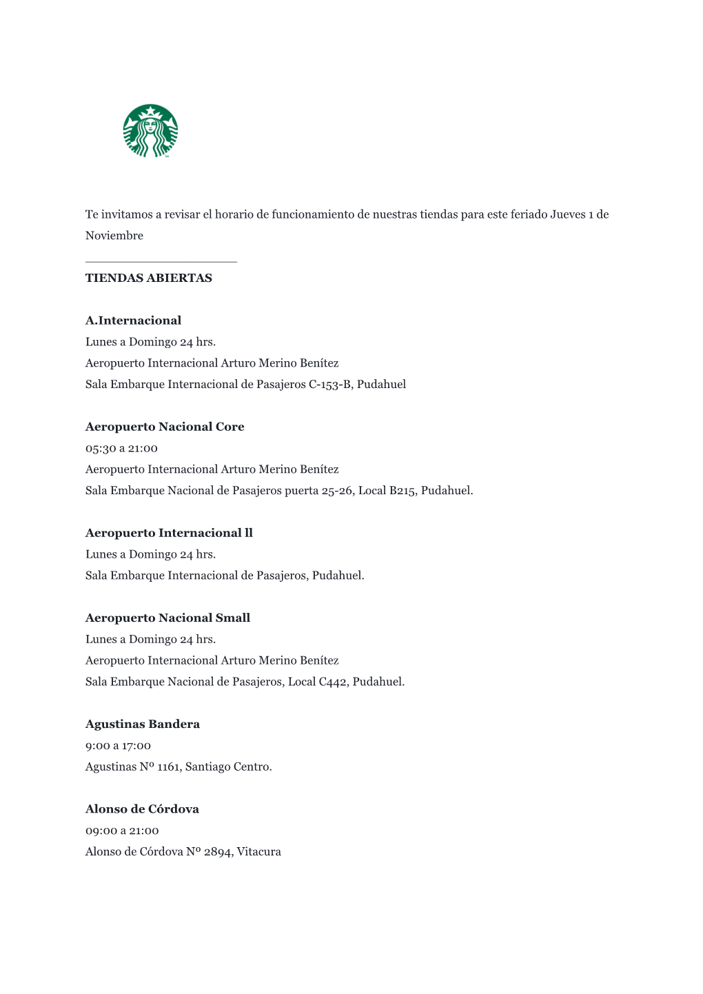 Te Invitamos a Revisar El Horario De Funcionamiento De Nuestras Tiendas Para Este Feriado Jueves 1 De Noviembre ______TIENDAS ABIERTAS