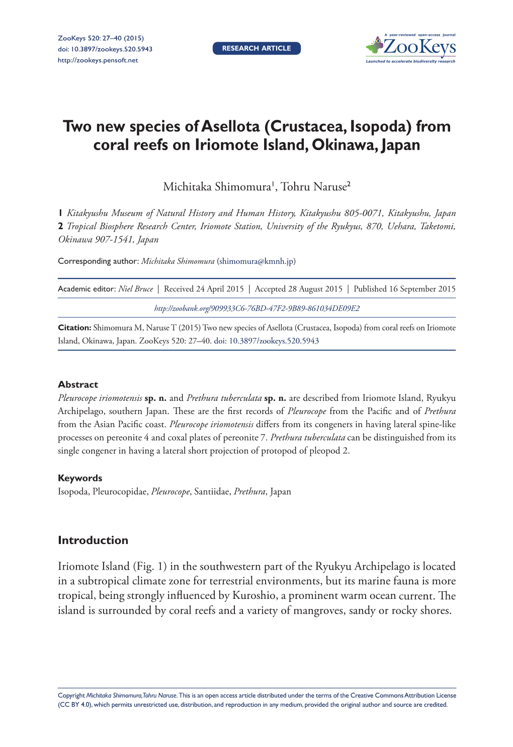 Two New Species of Asellota (Crustacea, Isopoda) from Coral Reefs on Iriomote Island, Okinawa, Japan