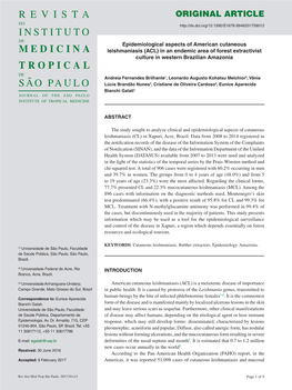 Epidemiological Aspects of American Cutaneous Leishmaniasis (ACL) in an Endemic Area of Forest Extractivist Culture in Western Brazilian Amazonia
