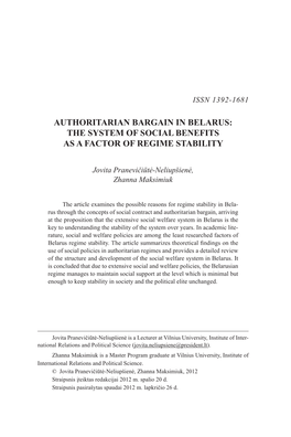 Authoritarian Bargain in Belarus: the System of Social Benefits As a Factor of Regime Stability