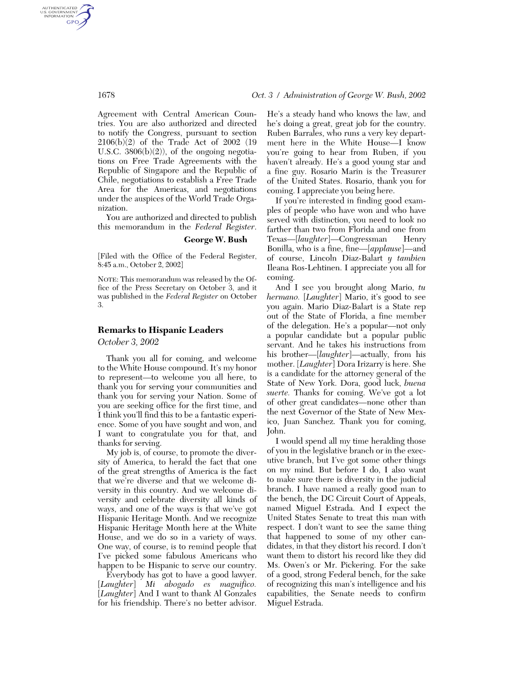 Remarks to Hispanic Leaders October 3, 2002