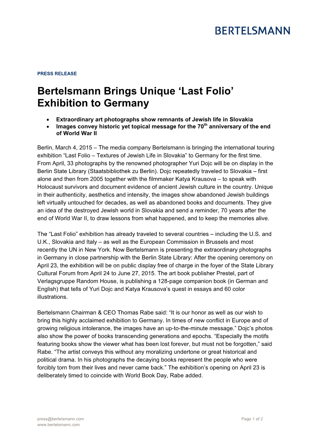 Bertelsmann Brings Unique 'Last Folio' Exhibition to Germany