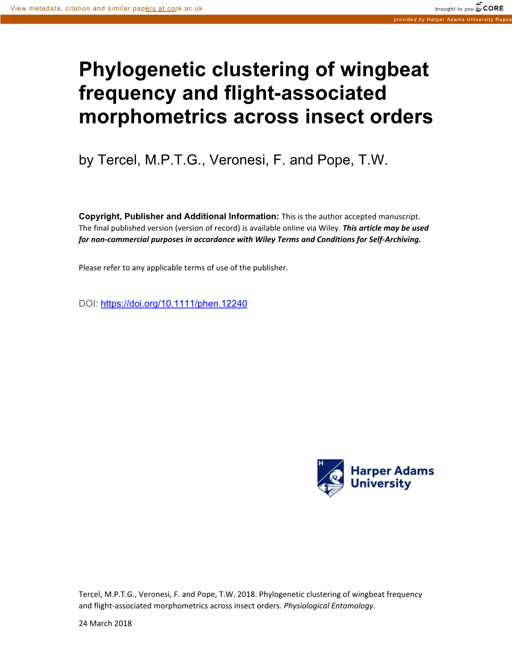 Phylogenetic Clustering of Wingbeat Frequency and Flight-Associated Morphometrics Across Insect Orders