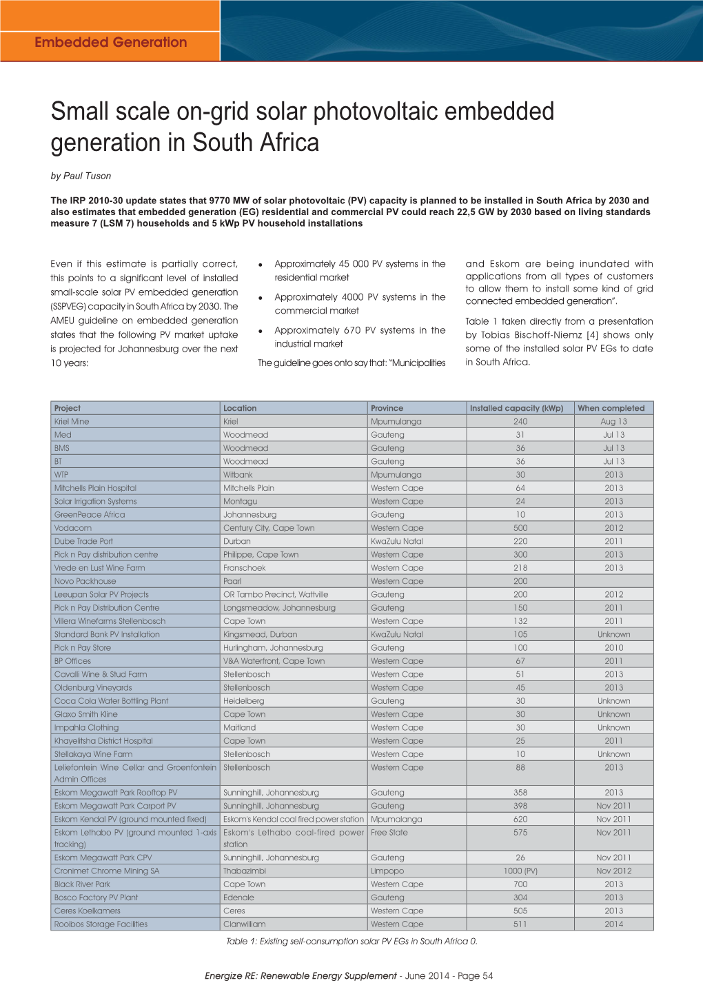 Small Scale On-Grid Solar Photovoltaic Embedded Generation in South Africa