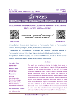 Review Article Ogbonna JDN, IJPRBS, 2013; Volume 2(1 Available Onli