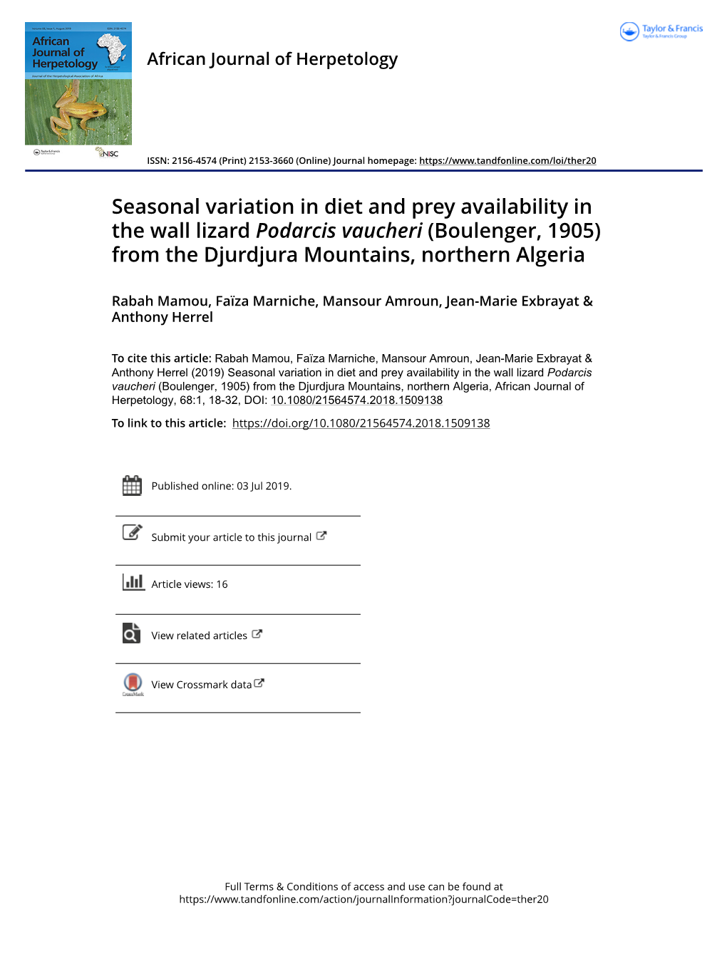 Seasonal Variation in Diet and Prey Availability in the Wall Lizard Podarcis Vaucheri (Boulenger, 1905) from the Djurdjura Mountains, Northern Algeria