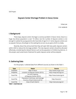 Daycare Center Shortage Problem in Seoul, Korea I. Background II