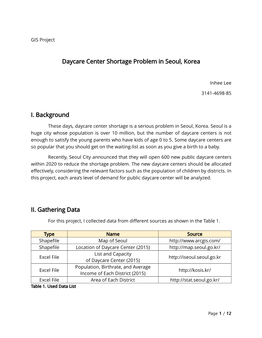 Daycare Center Shortage Problem in Seoul, Korea I. Background II