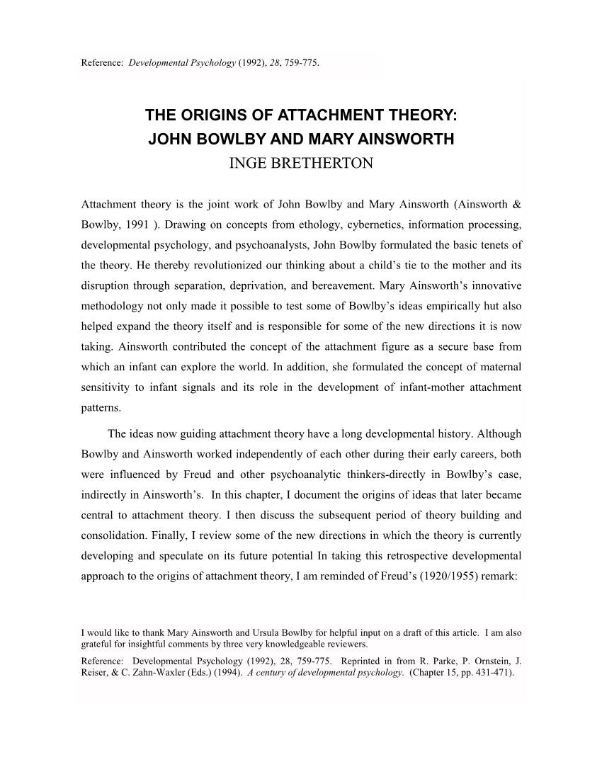 The Origins of Attachment Theory: John Bowlby and Mary Ainsworth Inge Bretherton