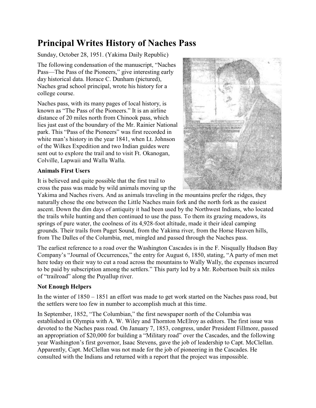 Writes History of Naches Pass Sunday, October 28, 1951