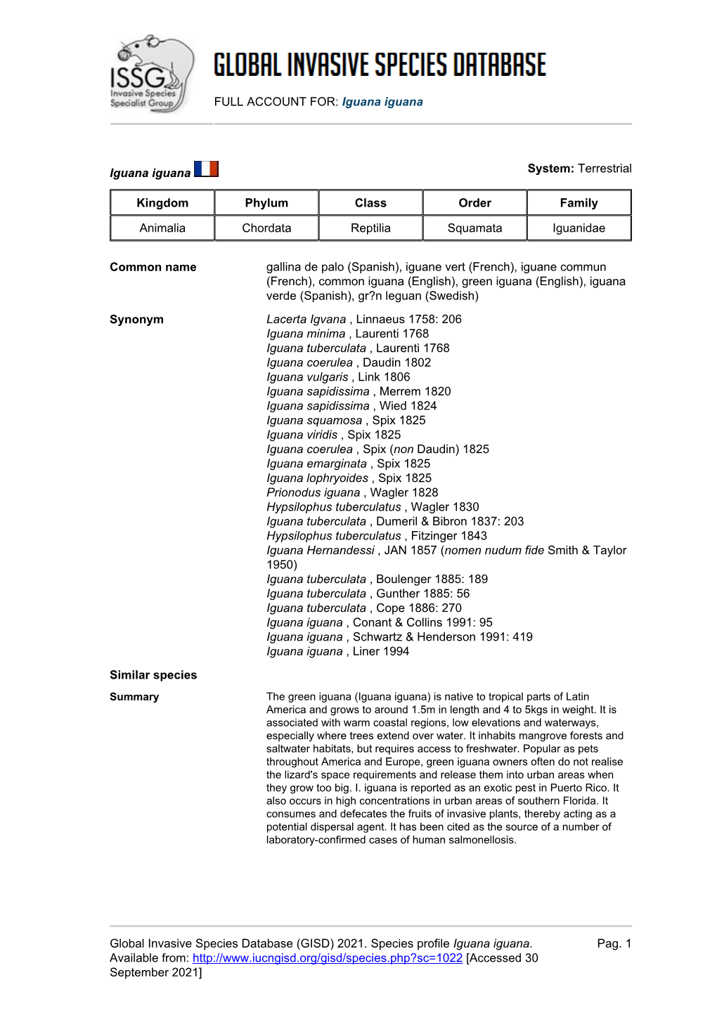 (GISD) 2021. Species Profile Iguana Iguana. Available From