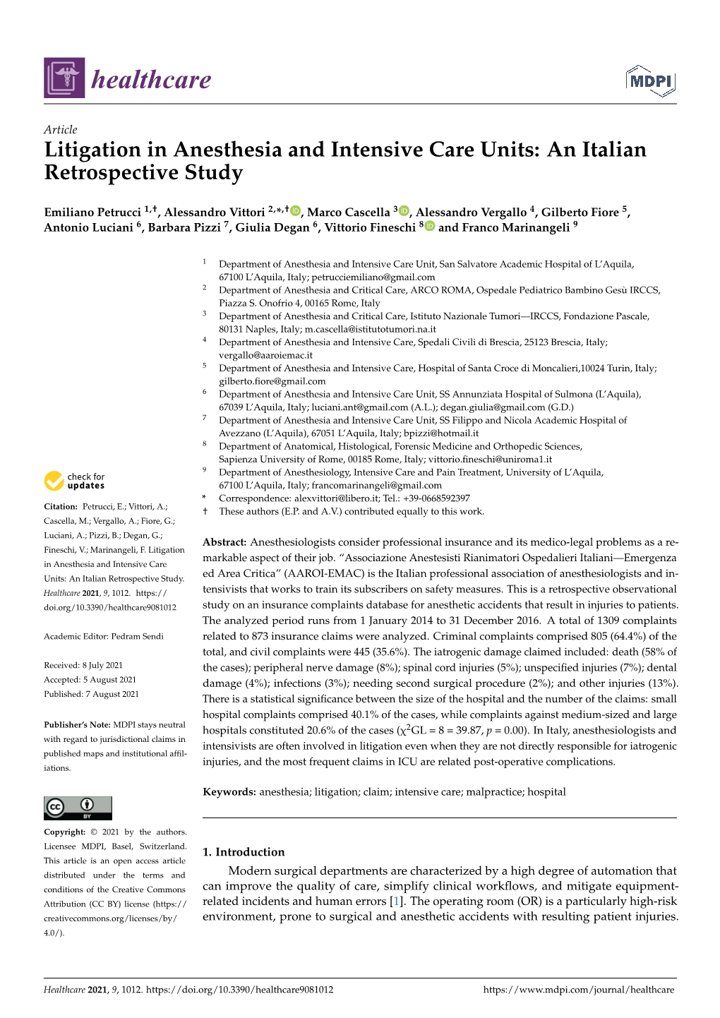 Litigation in Anesthesia and Intensive Care Units: an Italian Retrospective Study