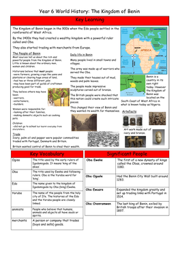 Year 6 World History: the Kingdom of Benin Key Learning Key Vocabulary Significant People