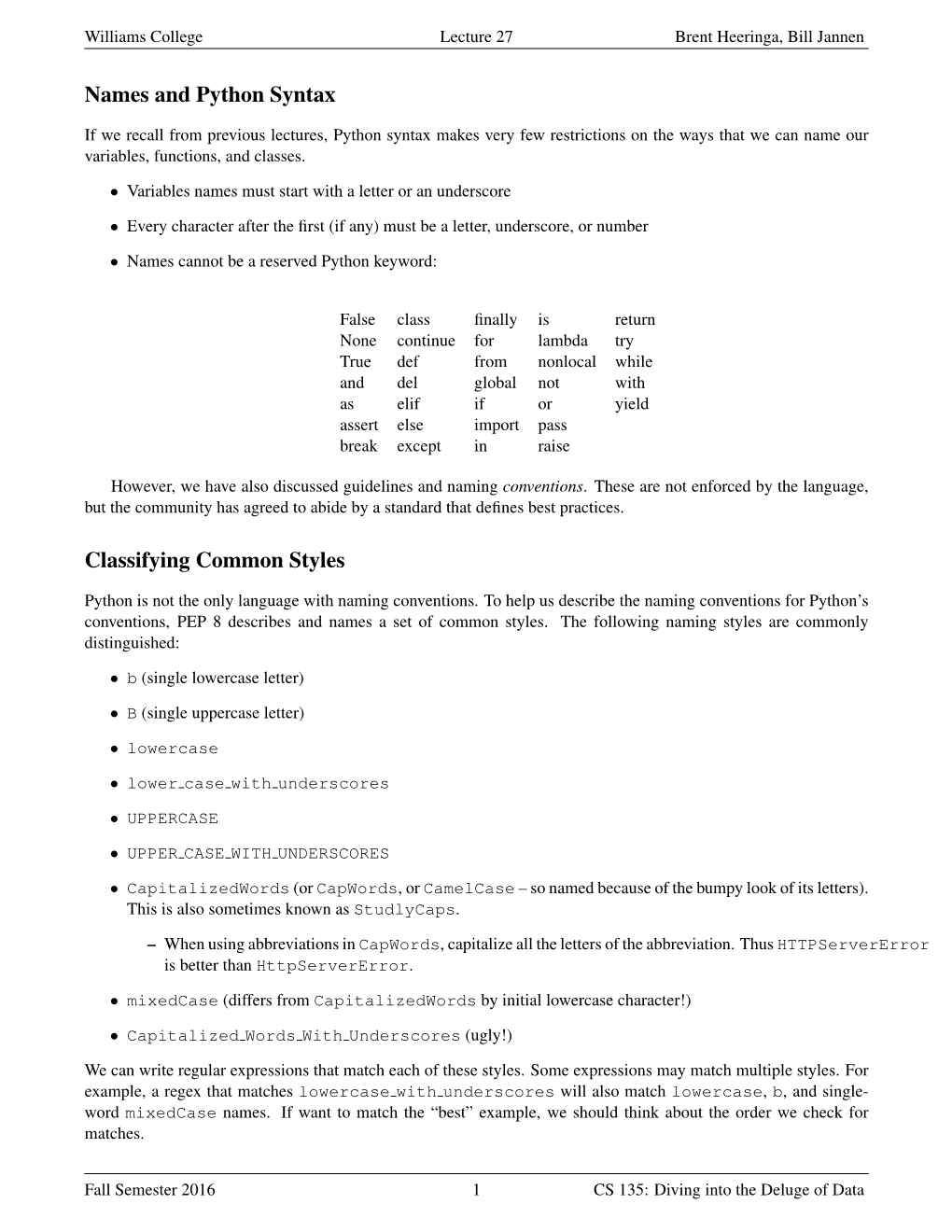 Names and Python Syntax Classifying Common Styles