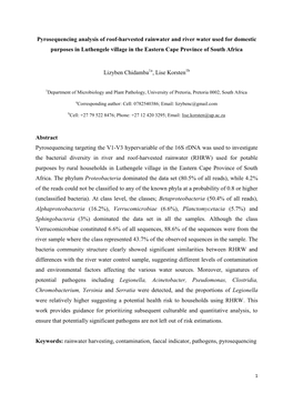 Pyrosequencing Analysis of Roof-Harvested Rainwater and River Water Used for Domestic Purposes in Luthengele Village in the Eastern Cape Province of South Africa