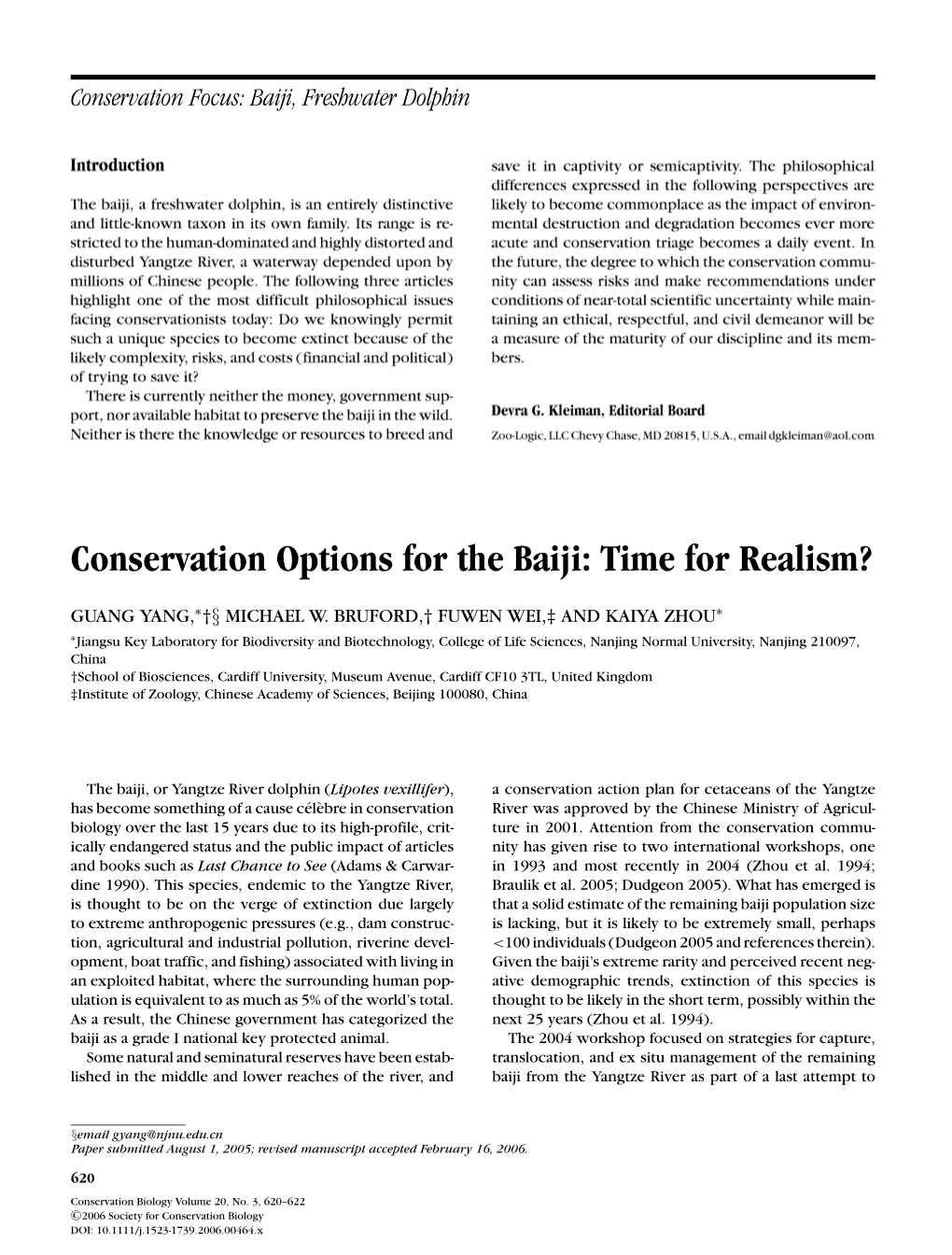 Conservation Options for the Baiji: Time for Realism?