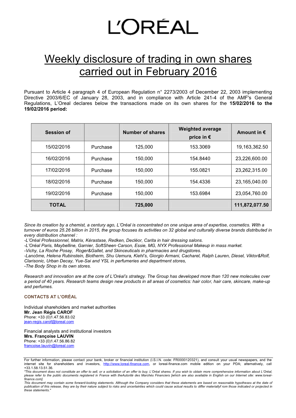 Weekly Disclosure of Trading in Own Shares Carried out in February 2016