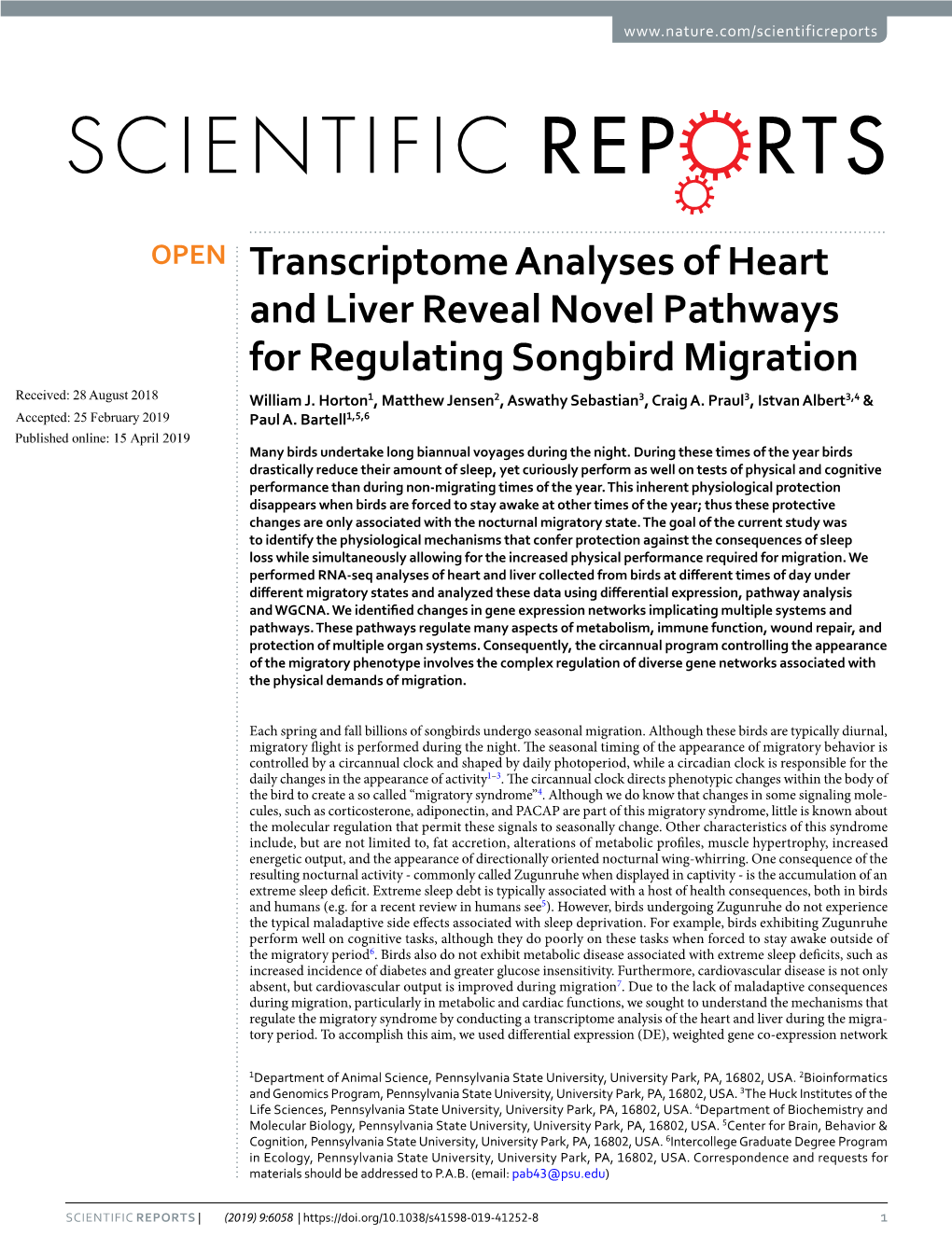 Transcriptome Analyses of Heart and Liver Reveal Novel Pathways for Regulating Songbird Migration Received: 28 August 2018 William J