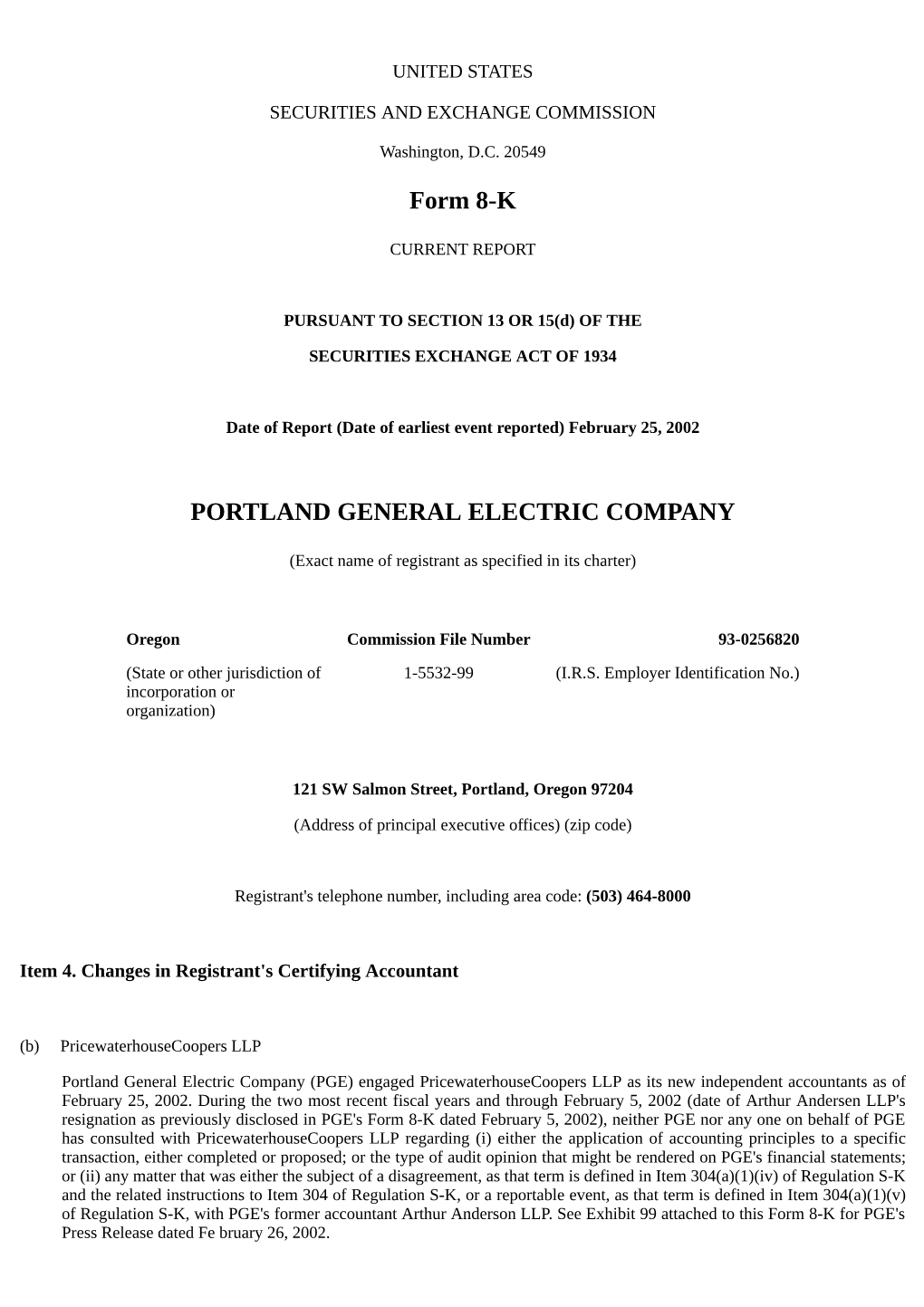 Form 8-K PORTLAND GENERAL ELECTRIC COMPANY