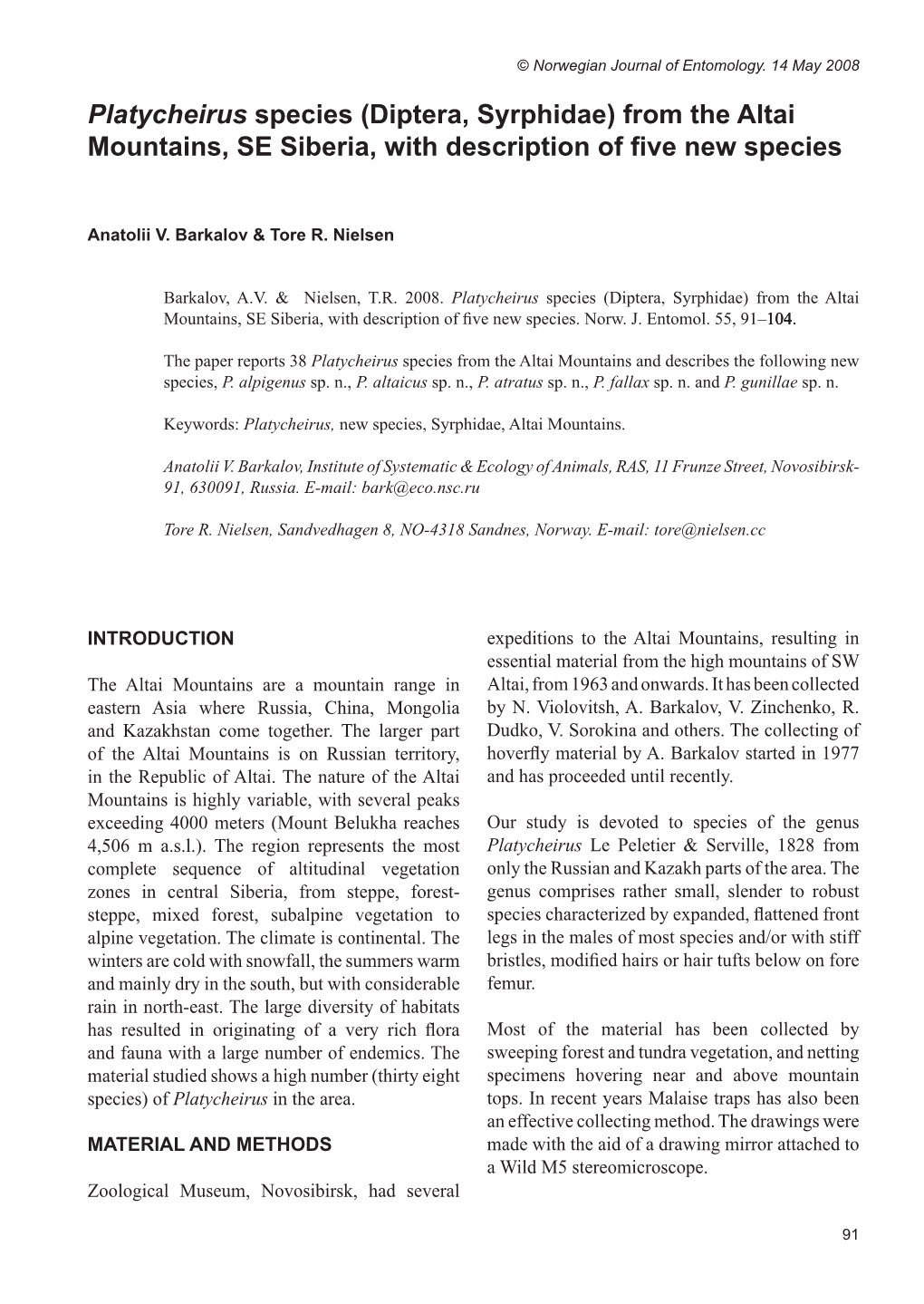 Platycheirus Species (Diptera, Syrphidae) from the Altai Mountains, SE Siberia, with Description of Five New Species