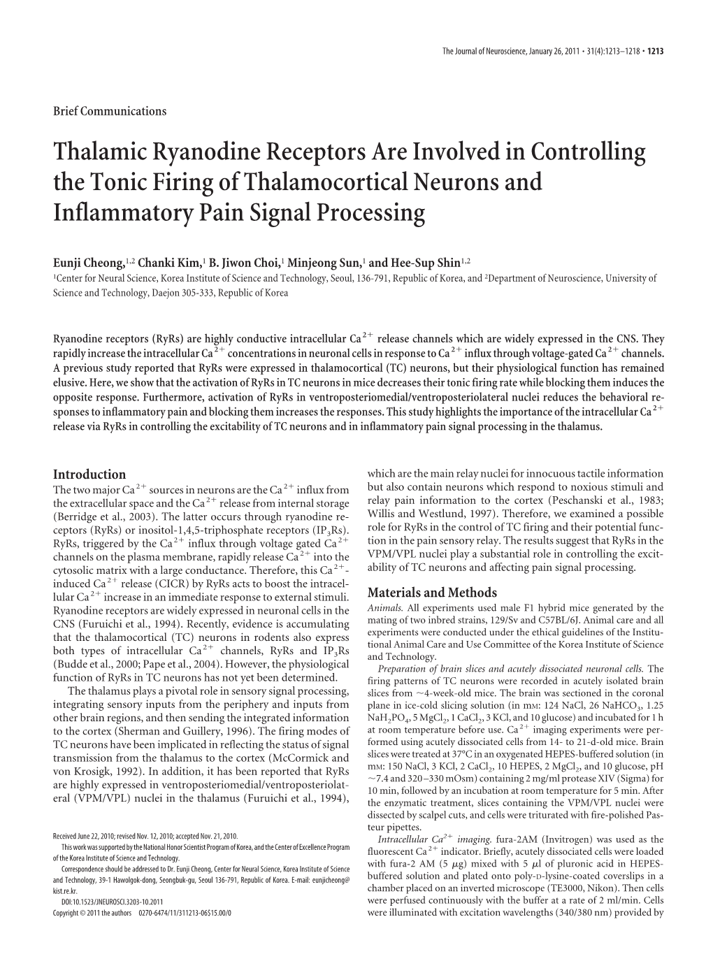 Thalamic Ryanodine Receptors Are Involved in Controlling the Tonic Firing of Thalamocortical Neurons and Inflammatory Pain Signal Processing