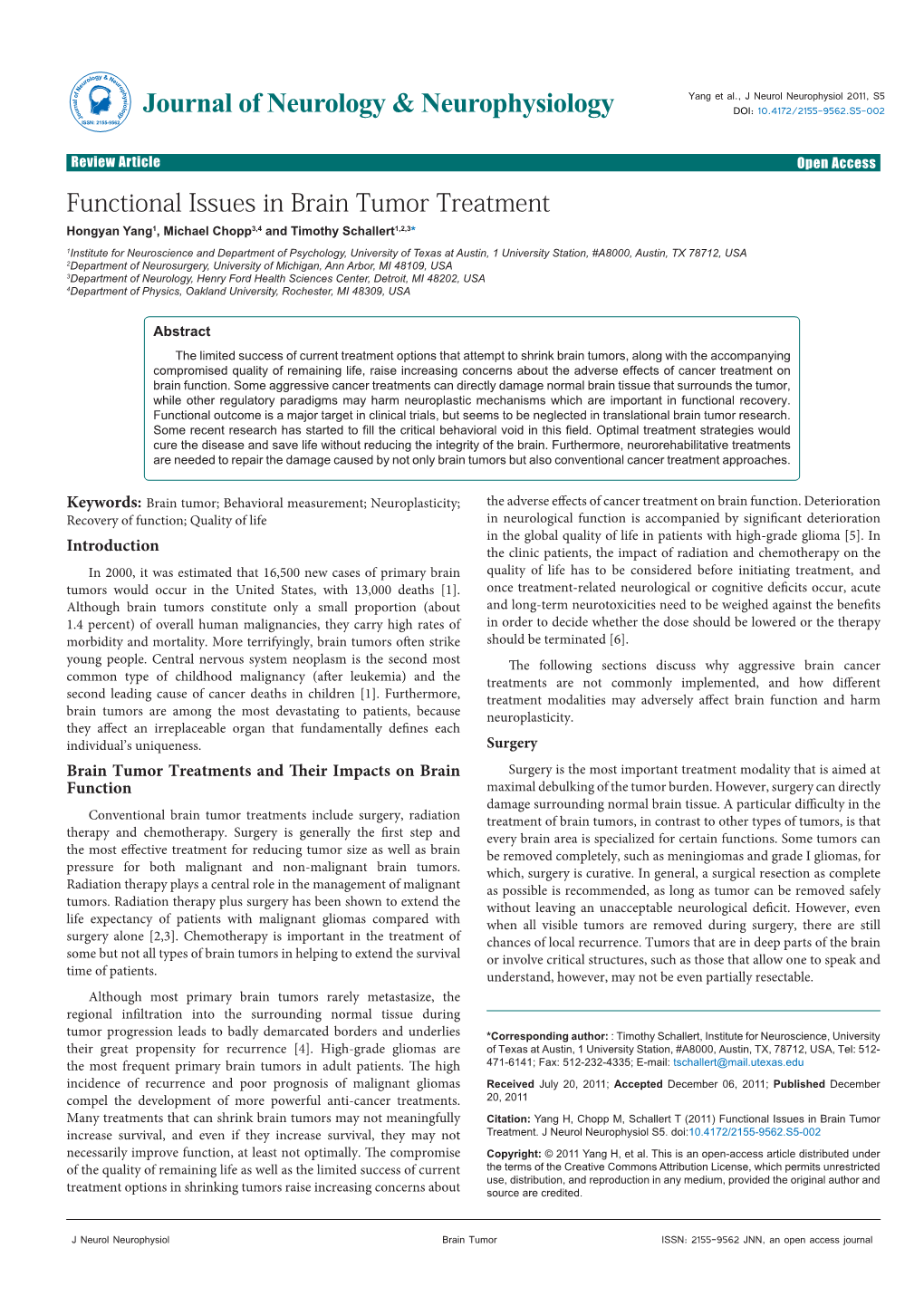 Functional Issues in Brain Tumor Treatment