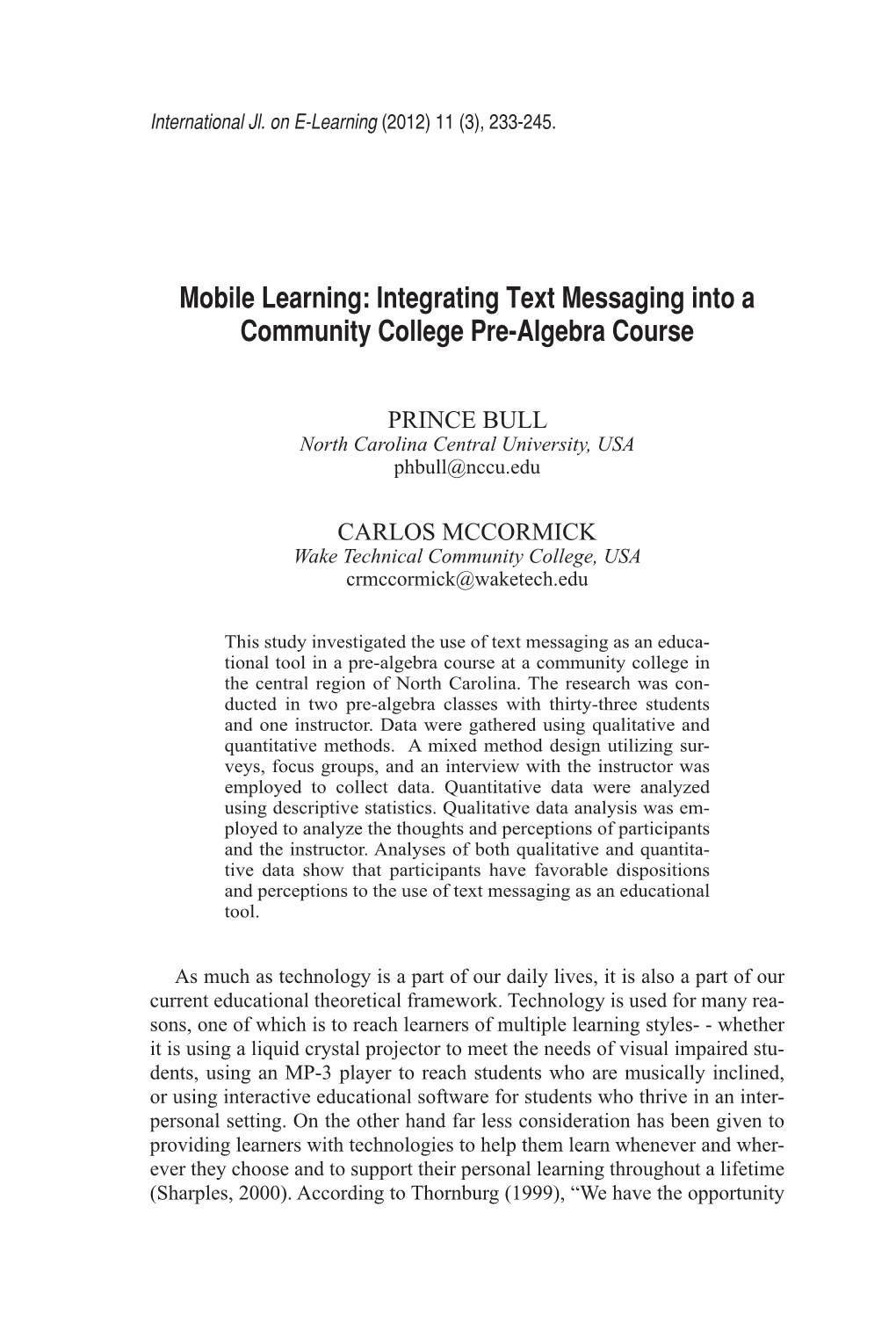 Integrating Text Messaging Into a Community College Pre-Algebra Course