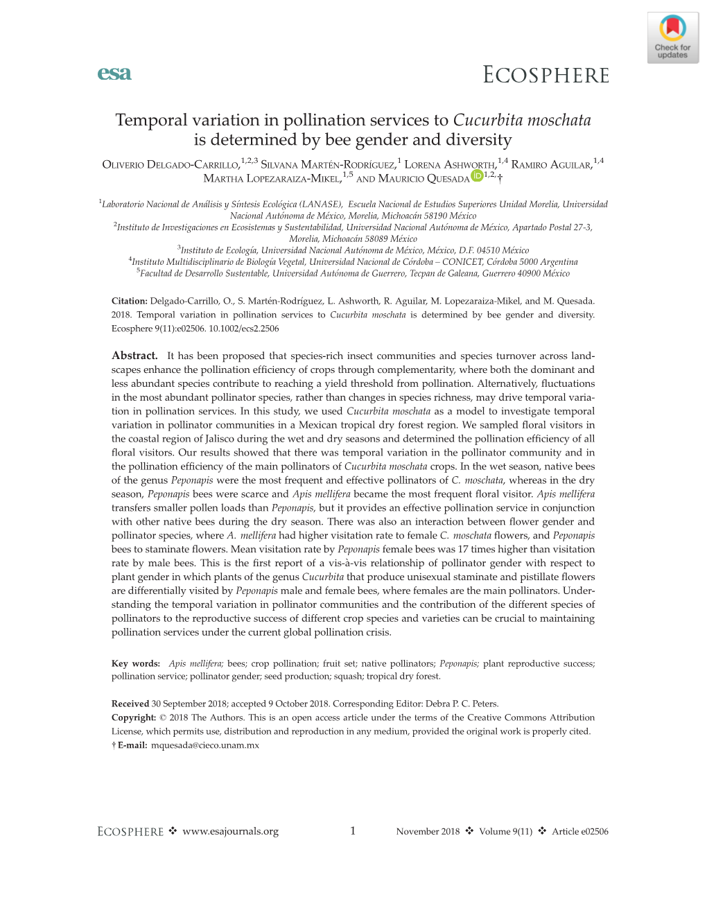 Temporal Variation in Pollination Services to Cucurbita Moschata Is