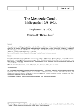 The Mesozoic Corals. Bibliography 1758-1993