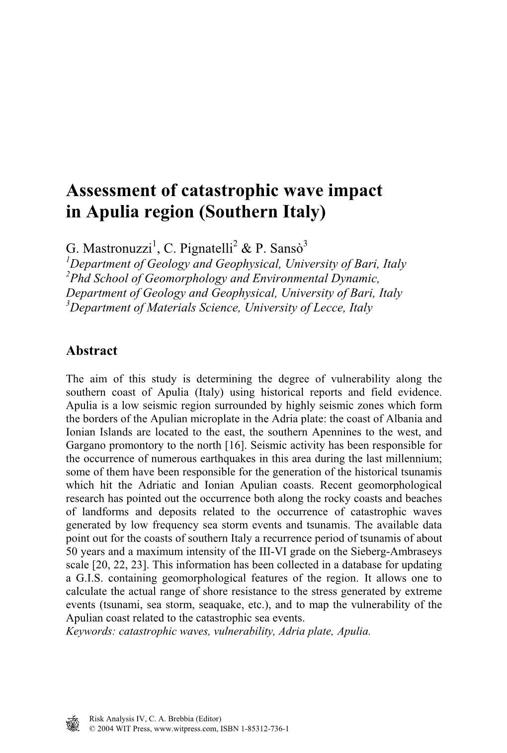 Assessment of Catastrophic Wave Impact in Apulia Region (Southern Italy)