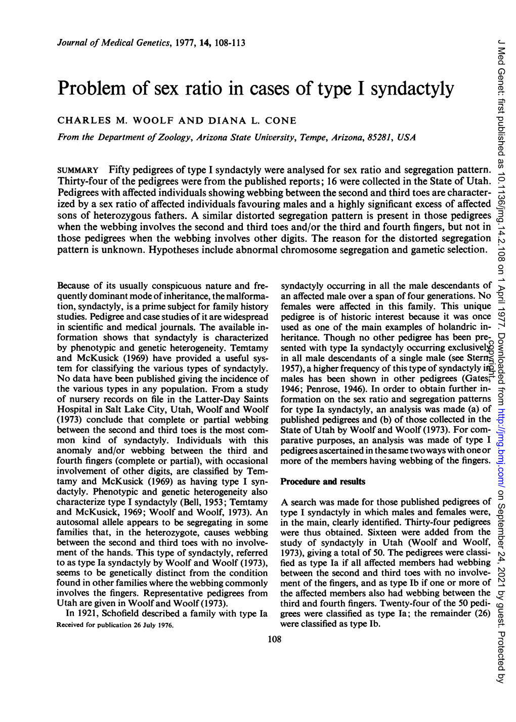 Problem of Sex Ratio in Cases Oftype I Syndactyly