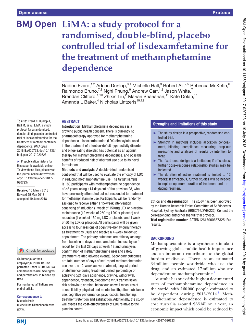A Study Protocol for a Randomised, Double-Blind, Placebo Controlled Trial of Lisdexamfetamine for the Treatment of Methamphetamine Dependence