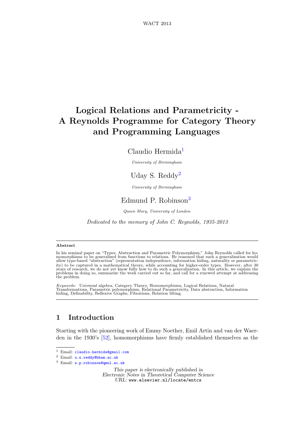 Logical Relations and Parametricity - a Reynolds Programme for Category Theory and Programming Languages
