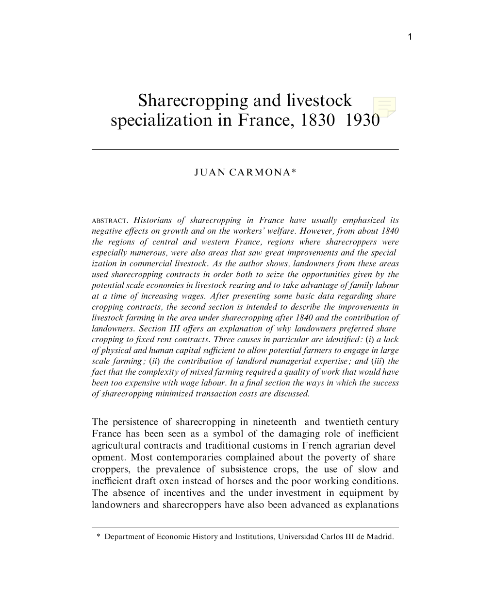Sharecropping and Livestock Specialization in France, 1830-1930