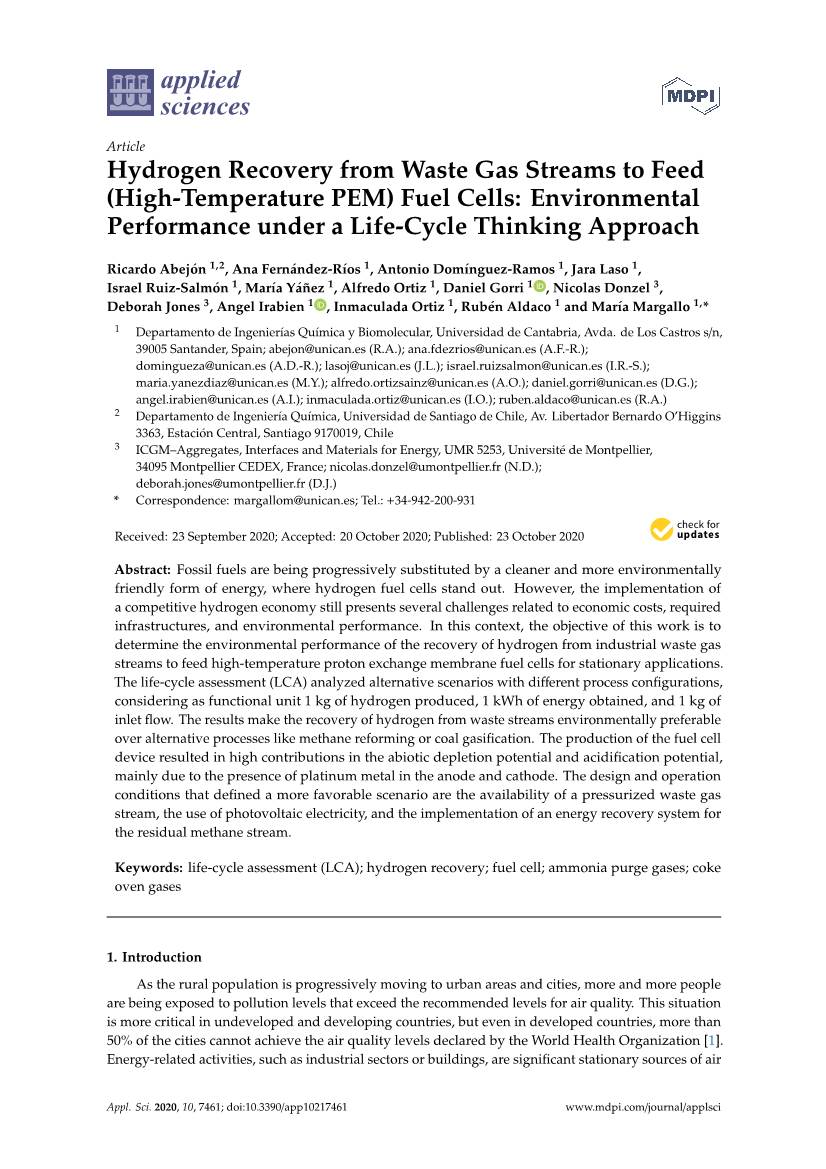 Hydrogen Recovery from Waste Gas Streams to Feed (High-Temperature PEM) Fuel Cells: Environmental Performance Under a Life-Cycle Thinking Approach