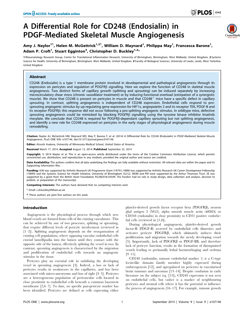 A Differential Role for CD248 (Endosialin) in PDGF-Mediated Skeletal Muscle Angiogenesis