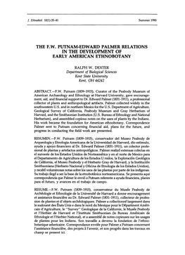 The F.W. Putnam-Edward Palmer Relations in the Development of Early American Ethnobotany