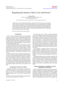Regulating the Internet: China's Law and Practice