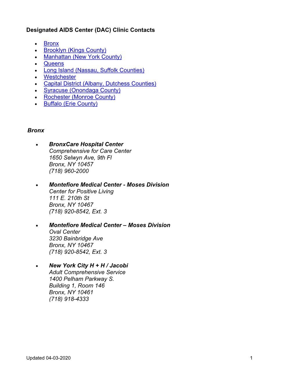 Designated AIDS Center (DAC) Clinic Contacts