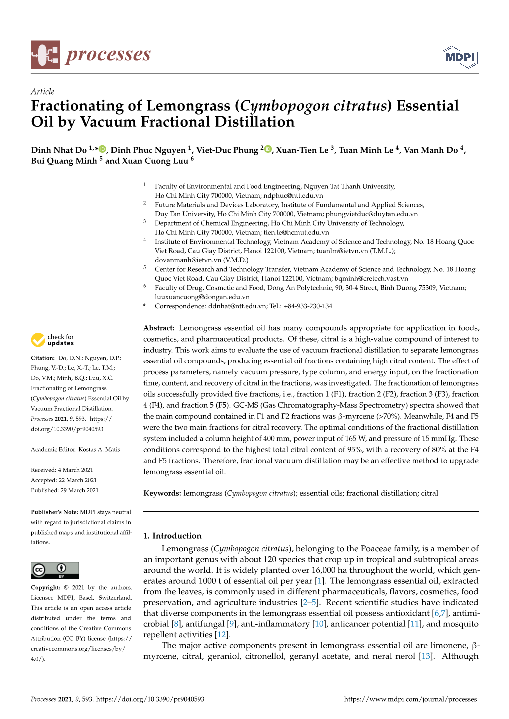 (Cymbopogon Citratus) Essential Oil by Vacuum Fractional Distillation