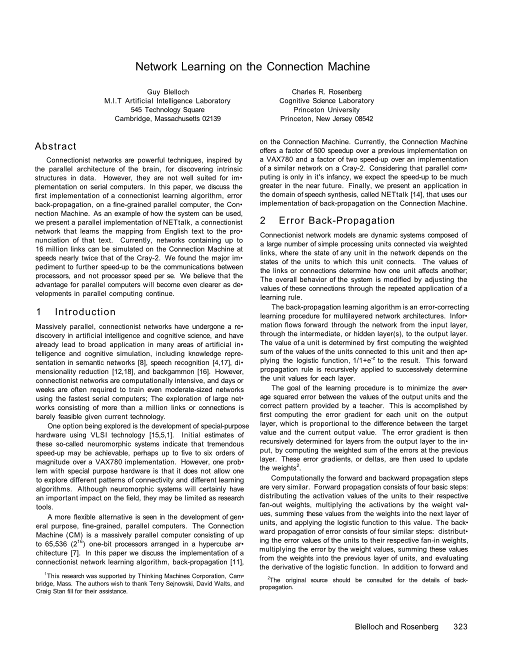 Network Learning on the Connection Machine