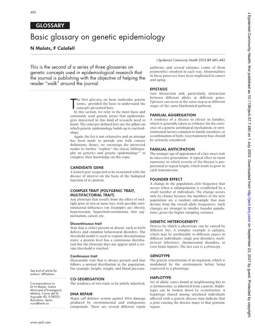 Basic Glossary on Genetic Epidemiology N Malats, F Calafell