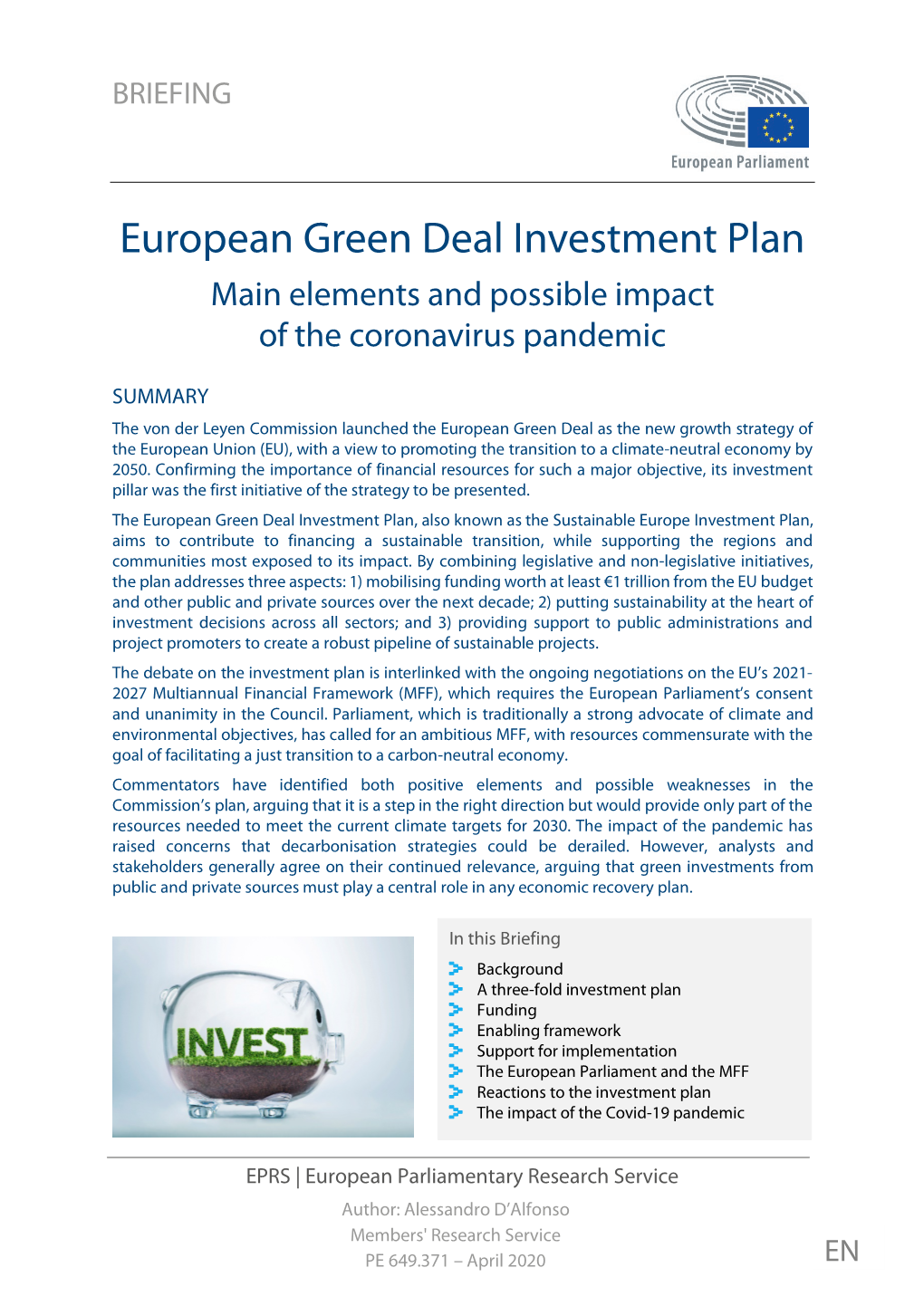 European Green Deal Investment Plan Main Elements and Possible Impact of the Coronavirus Pandemic