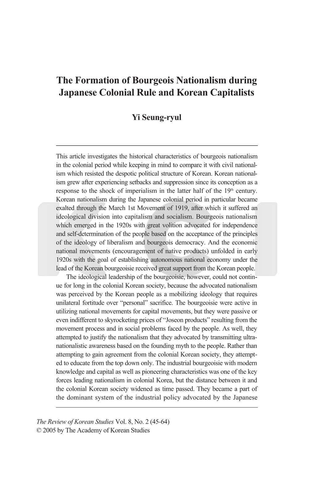 The Formation of Bourgeois Nationalism During Japanese Colonial Rule and Korean Capitalists